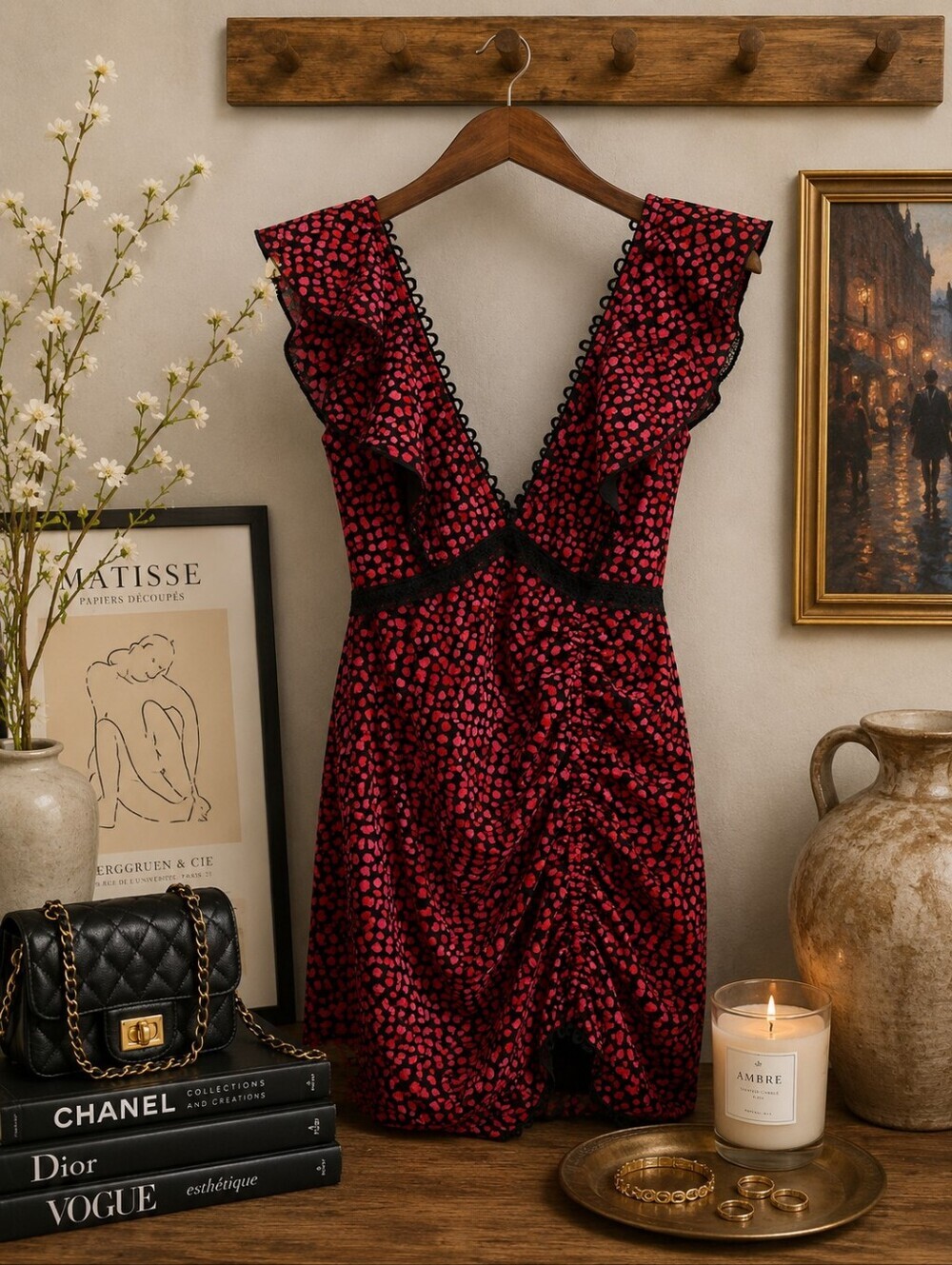 Self-Portrait Red Black Ruffle Lace Trim Ruched Mini Dress Cocktail Party